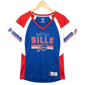 Majestic Buffalo Bills Women's V-Neck Jersey Shirt Bling Rhinestone Blue Large
